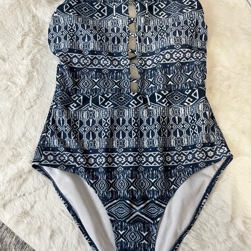Navy and White Patterned Swimsuit